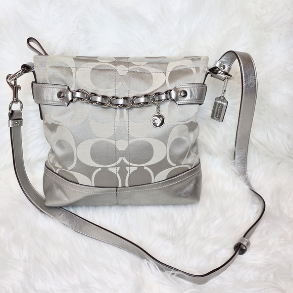 Coach Handbags - Coach Optic 2011 Large CC Metallic Silver Leather & Gray Canvas 2 Way Bag.